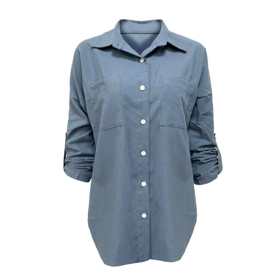 Womens Summer Tops, Shirts for Women, Women's Versatile Denim Shirt Loose Fit with Double Pocket Long Sleeve Casual Top for Everyday Wear