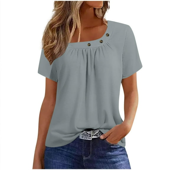 Womens Summer Tops Short Sleeve Asymmetrical Neck T Shirts with Buttons Gray S