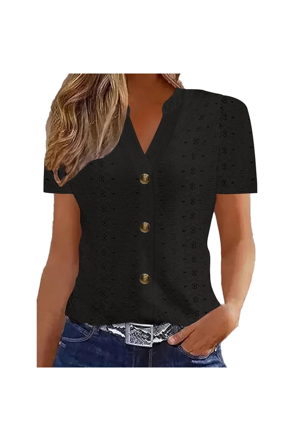 Womens Summer Tops, Short Sleeve Blouses for Women Dressy Casual Vintage Solid Color Hollow Button Down Open Front Cardigan Shirts XS-2XL