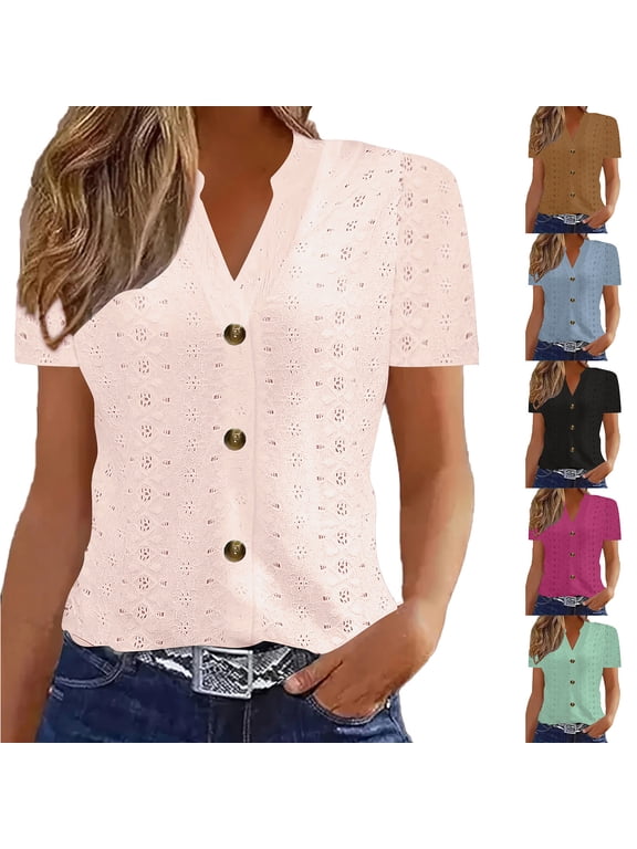 Womens Summer Tops, Short Sleeve Blouses for Women Dressy Casual Vintage Solid Color Hollow Button Down Open Front Cardigan Shirts XS-2XL Mother Day Gifts