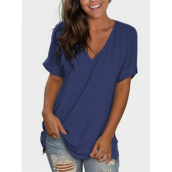Womens Summer Tops Short Sleeve Casual Shirts Floral Tee Trendy Basics V Neck Plain Tshirt