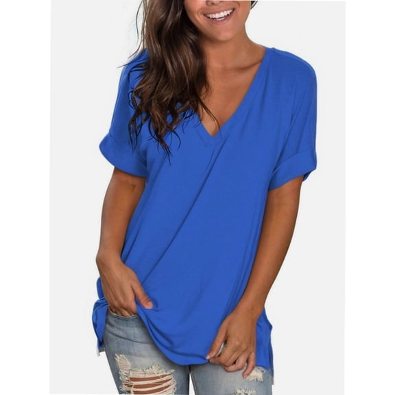 Womens Summer Tops Short Sleeve Casual Shirts Floral Tee Trendy Basics V Neck Plain Tshirt