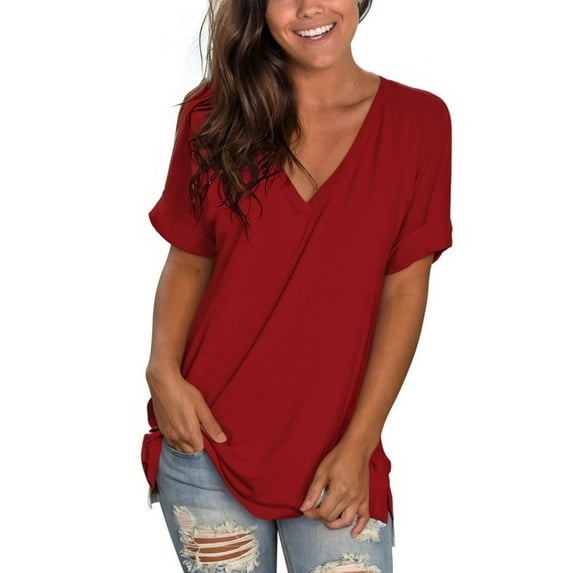 Womens Summer Tops Short Sleeve Casual Shirts Floral Tee Trendy Basics V Neck Plain Tshirt