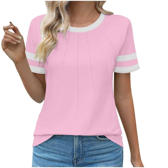 Womens Summer Tops Short Sleeve Crew Neck Casual Color Block Tunic Pleated Crewneck Trendy Cute Comfortable Lightweight Soft Workout Clothes Fashion Outfits