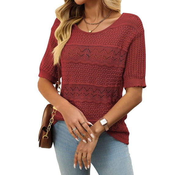Womens Summer Tops Short Sleeve Crew Neck Knit Sweaters Red M