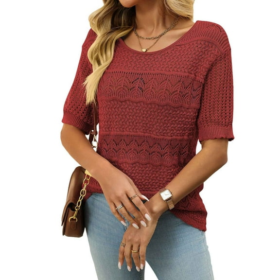 Womens Summer Tops Short Sleeve Crew Neck Knit Sweaters Red S
