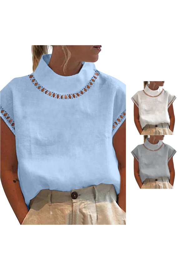 Womens Summer Tops Short Sleeve High Neck Solid Color Comfortable Soft Summer Blouse Basic Tees For Casual Daily Wear,Blue,S