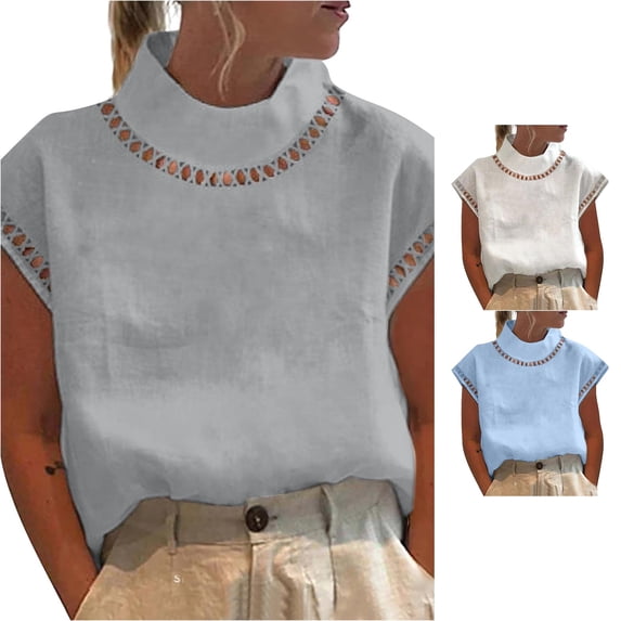 ZHOGXU Womens Summer Tops Short Sleeve High Neck Solid Color Comfortable Soft Summer Blouse Basic Tees For Casual Daily Wear,Grey,XXXL