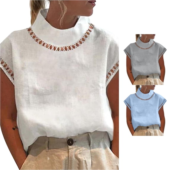 ZHOGXU Womens Summer Tops Short Sleeve High Neck Solid Color Comfortable Soft Summer Blouse Basic Tees For Casual Daily Wear,White,XL