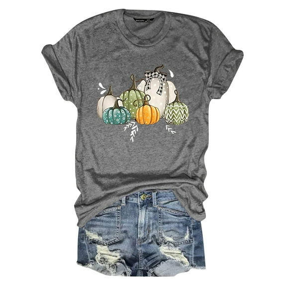 Womens Summer Tops Short Sleeve Round Neck Pumpkin Fruit Printed Ladies Clothing,Grey,2XL