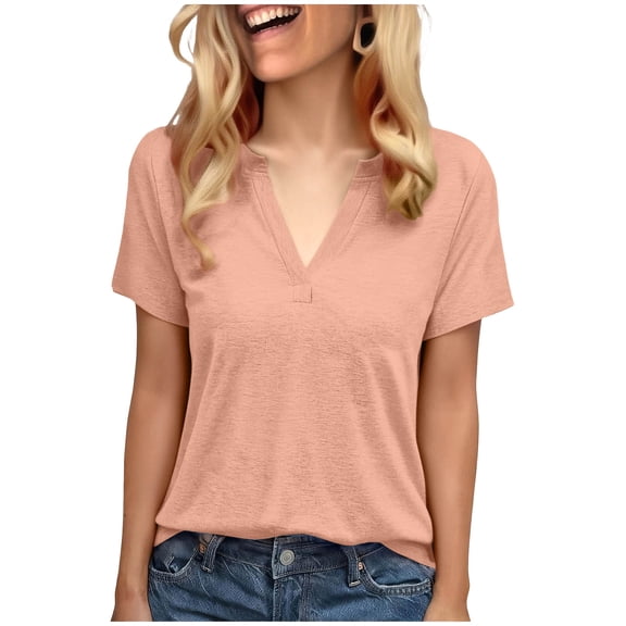 Womens Summer Tops, Short Sleeve Shirts for Women Casual Loose Fit Solid Color Notch V Neck T-Shirts