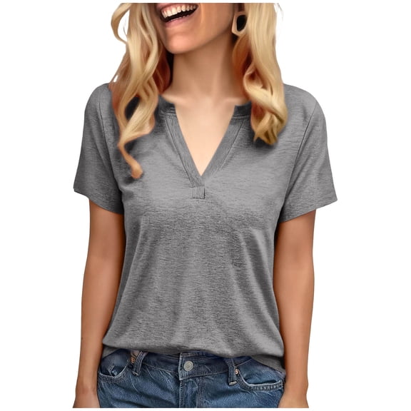 Womens Summer Tops, Short Sleeve Shirts for Women Casual Loose Fit Solid Color Notch V Neck T-Shirts