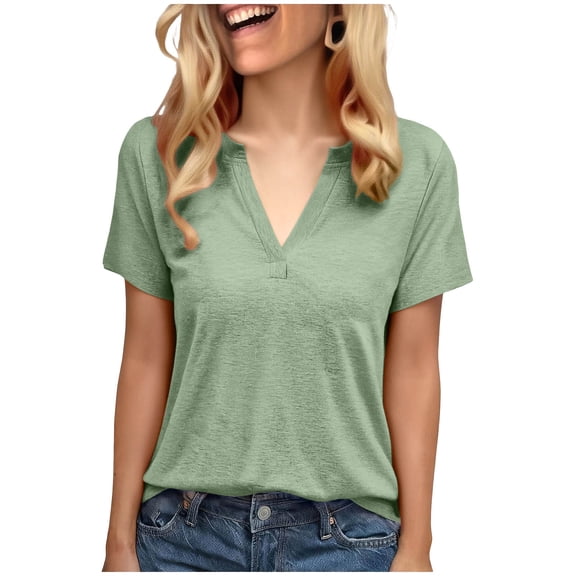 Womens Summer Tops, Short Sleeve Shirts for Women Casual Loose Fit Solid Color Notch V Neck T-Shirts