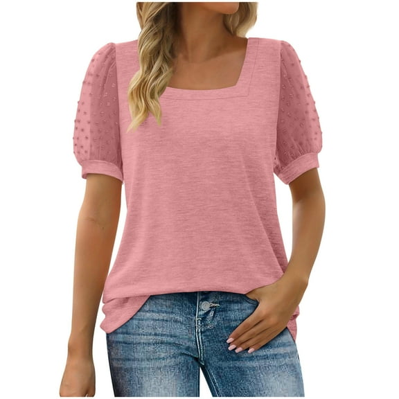 Womens Summer Tops, Short Sleeve Shirts for Women Casual Loose Fit Solid Color Square Neck Dressy Blouses