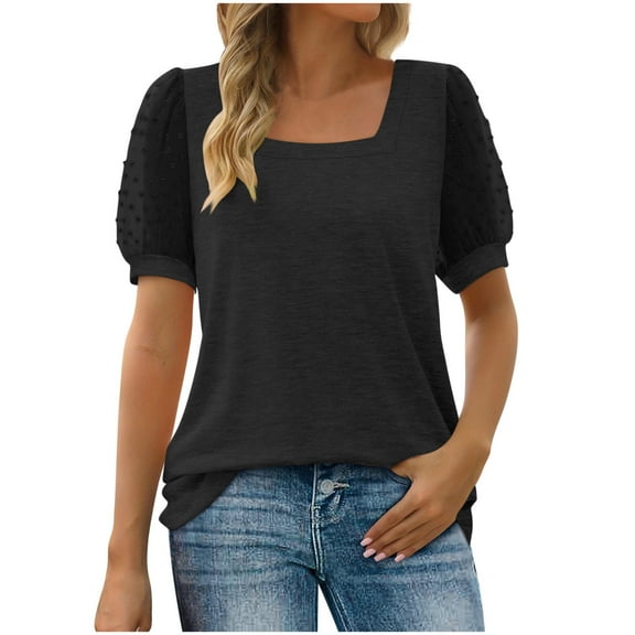 Womens Summer Tops, Short Sleeve Shirts for Women Casual Loose Fit Solid Color Square Neck Dressy Blouses