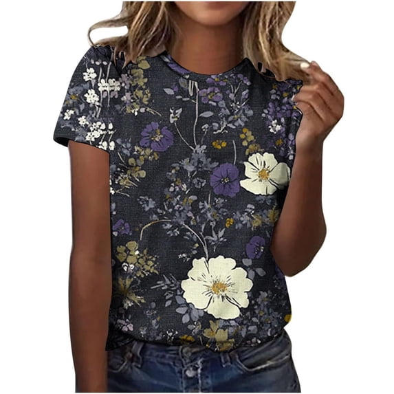 Womens Summer Tops Short Sleeve Shirts for Women Dressy Casual Crew Neck Pleated Tunics Blouses