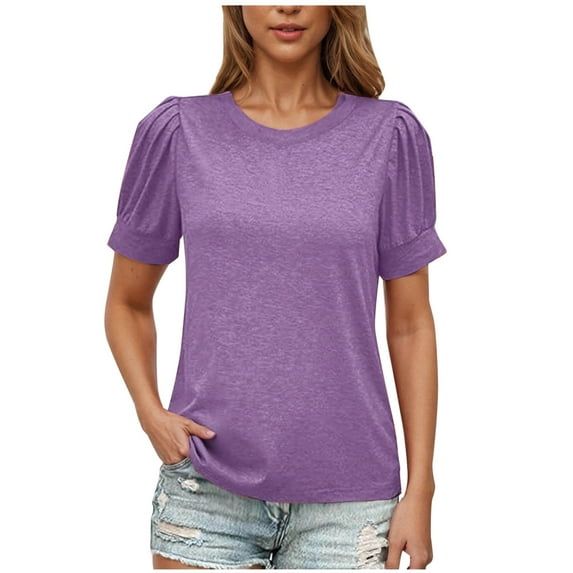 Womens Summer Tops, Short Sleeve Shirts for Women Fashion Loose Fit Solid Color Pleated Crewneck T-Shirts