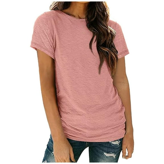 Womens Summer Tops Short Sleeve Solid Color Casual Blouses Trendy 2025 Basics Crew Neck T Shirt