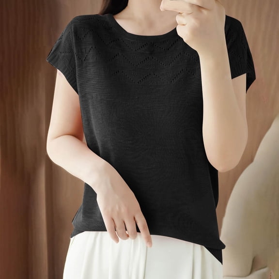 Womens Summer Tops Short Sleeve Solid Color Knit Casual Round-Neck Workout Tops Tee Shirts - Black∣L