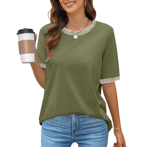 Womens Summer Tops Short Sleeve Striped Color Block Shirts Crewneck Loose Casual Tee Tops Dry Tech Shirts Women Polyester Womens Shirt Medium Sleeve Womens Short Sleeve Tops Loose Fit Tee Shirts Girls