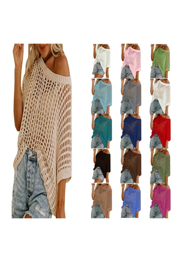 Womens Summer Tops Short Sleeve Sweater Casual Crochet Knit Pullover Cover Up Red Womens Shirts XL