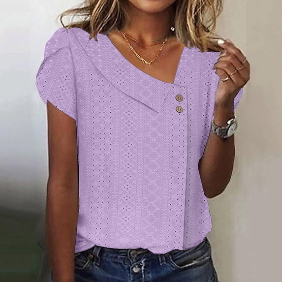 Womens Summer Tops Short Sleeve V Neck Shirts Button Going Out Blouses for Women Dressy Casual 2024 Trendy Clothes