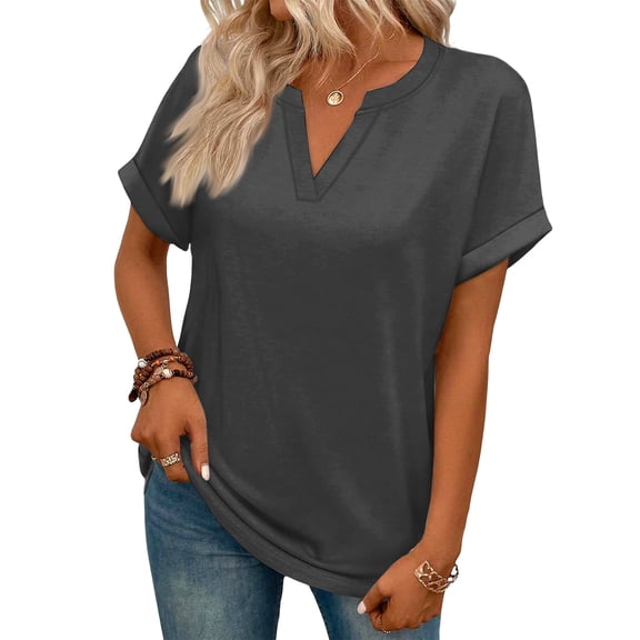 Womens Summer Tops Short Sleeve V Neck Shirts Trendy Casual Pullover Dressy Blouse for Holiday and Everyday Wear 2026 Black M