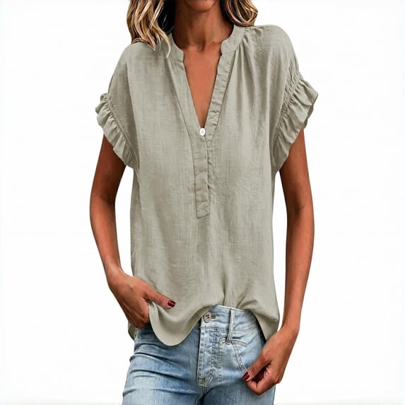 Womens Summer Tops Short Sleeve V Neck Simple Casual Blouse Daily All Match Daily Tops