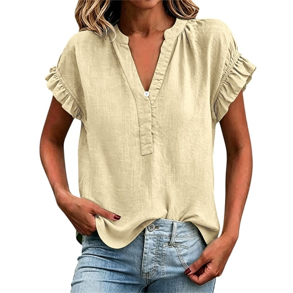 Womens Summer Tops Short Sleeve V Neck Simple Casual Blouse Daily All Match Daily Tops