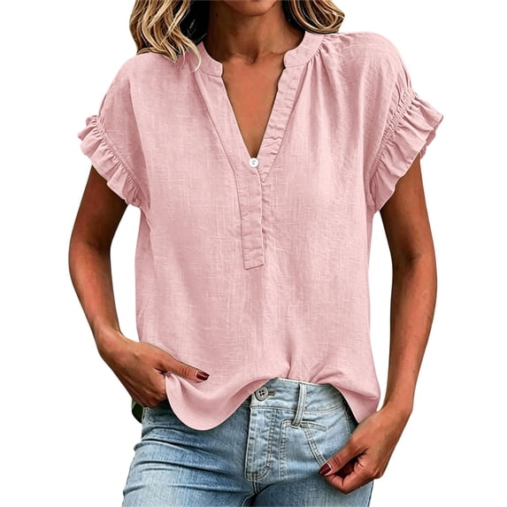 Womens Summer Tops Short Sleeve V Neck Simple Casual Blouse Daily All Match Daily Tops