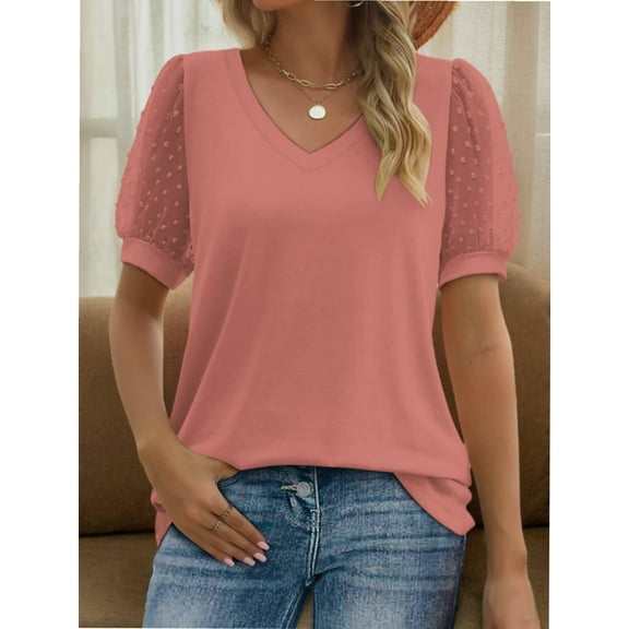 Womens Summer Tops Short Sleeve V Neck T Shirts Swiss Dot Puff Sleeve Tops Loose Casual Tshirts