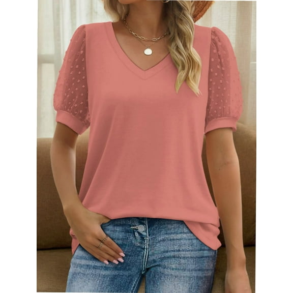 Womens Summer Tops Short Sleeve V Neck T Shirts Swiss Dot Puff Sleeve Tops Loose Casual Tshirts