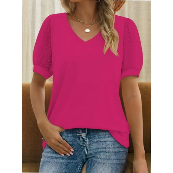 Womens Summer Tops Short Sleeve V Neck T Shirts Swiss Dot Puff Sleeve Tops Loose Casual Tshirts
