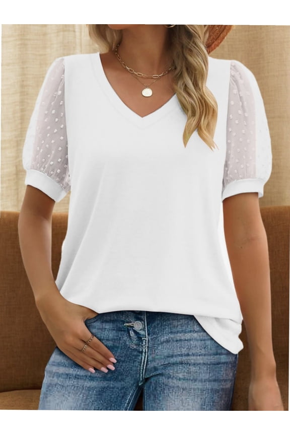 Womens Summer Tops Short Sleeve V Neck T Shirts Swiss Dot Puff Sleeve Tops Loose Casual Tshirts