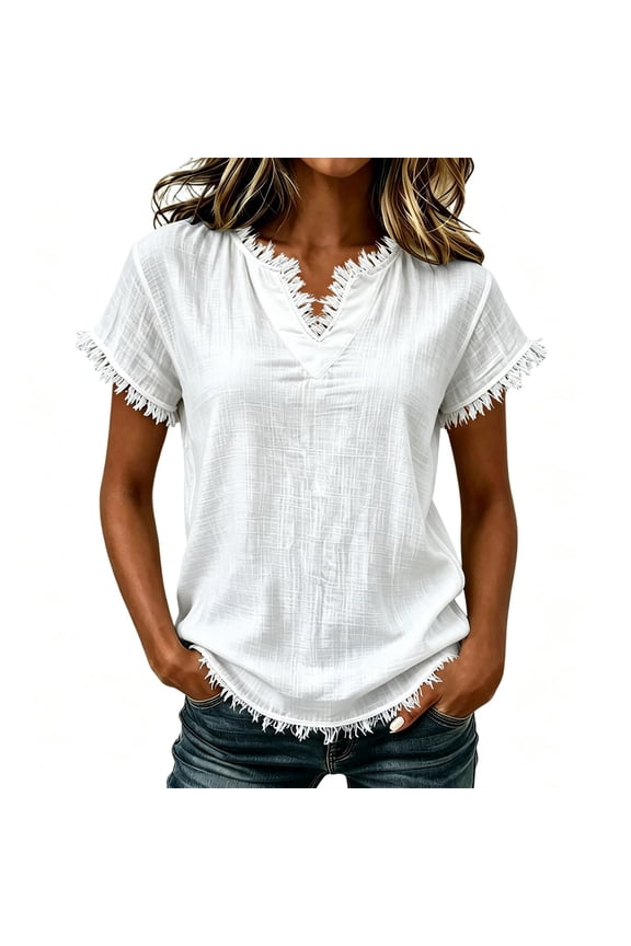Womens Summer Tops Short Sleeve V Neck T Shirts for Women Cotton Linen Top, Relaxed Fit Breathable Summer Casual and office White S