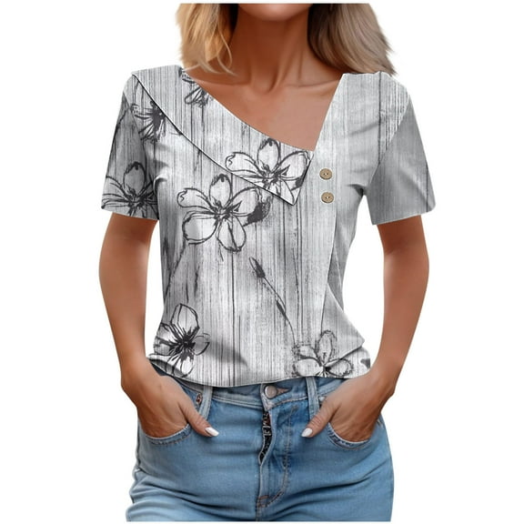 Womens Summer Tops Short Sleeved Dressy T-Shirts Button Decoration V Neck Shirts Fashion Floral Printing Blouses Casual Loose Pullover Tops