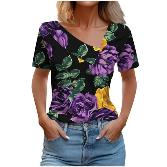Womens Summer Tops Short Sleeved Dressy T-Shirts Button Decoration V Neck Shirts Fashion Floral Printing Blouses Casual Loose Pullover Tops