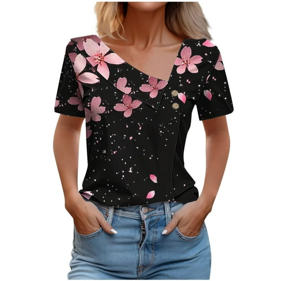 Womens Summer Tops Short Sleeved Dressy T-Shirts Button Decoration V Neck Shirts Fashion Floral Printing Blouses Casual Loose Pullover Tops