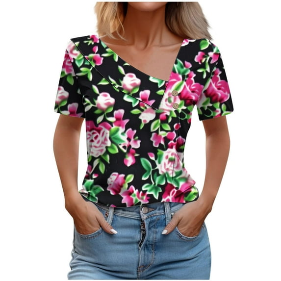 Womens Summer Tops Short Sleeved Dressy T-Shirts Button Decoration V Neck Shirts Fashion Floral Printing Blouses Casual Loose Pullover Tops