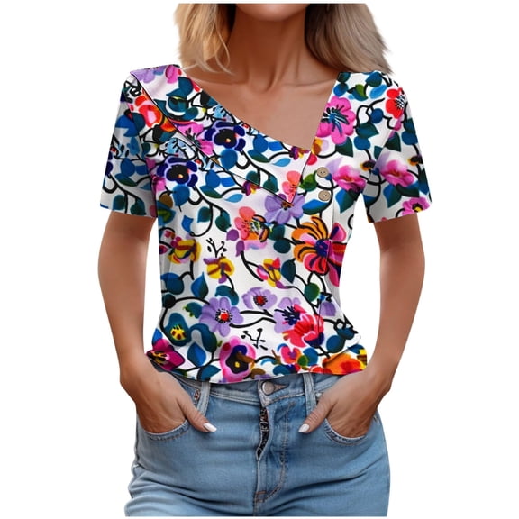 Womens Summer Tops Short Sleeved Dressy T-Shirts Button Decoration V Neck Shirts Fashion Floral Printing Blouses Casual Loose Pullover Tops