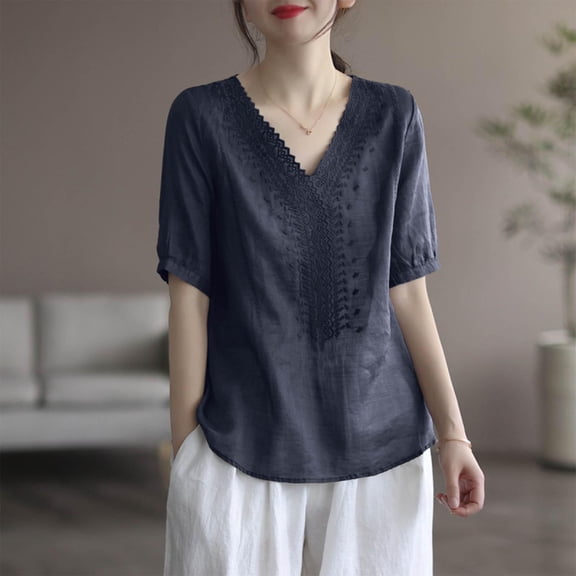Womens Summer Tops Short-sleeved Solid Color V-neck Embroidered Casual Workout Tops Tee Shirts - Blue∣L