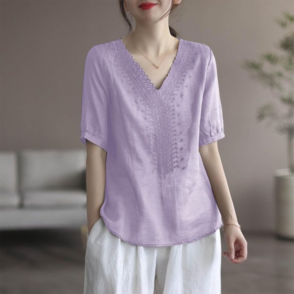 Womens Summer Tops Short-sleeved Solid Color V-neck Embroidered Casual Workout Tops Tee Shirts - Purple∣2XL