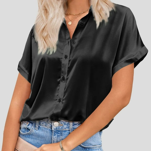 Womens Summer Tops Silk Button Down Satin Short Sleeve V Neck Casual Work Blouse Summer Shirts for Women Black S