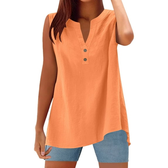 Womens Summer Tops Sleeveless For Wear Features Button Closure Ideal Plus Size Shirts,Orange,3XL