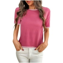 Womens Summer Tops Solid Classic Tee Shirts Pullover Sweater Blouses Puff Sleeve Peplum Top Round Neck Tee Short Sleeve Shirts Striped Lounge Blouse Workout Yoga Gym Outfits