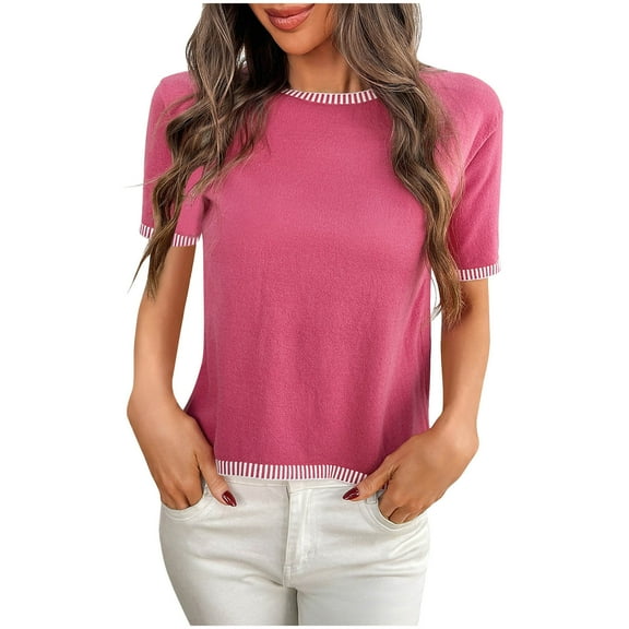 Womens Summer Tops Solid Classic Tee Shirts Pullover Sweater Blouses Puff Sleeve Peplum Top Round Neck Tee Short Sleeve Shirts Striped Lounge Blouse Workout Yoga Gym Outfits