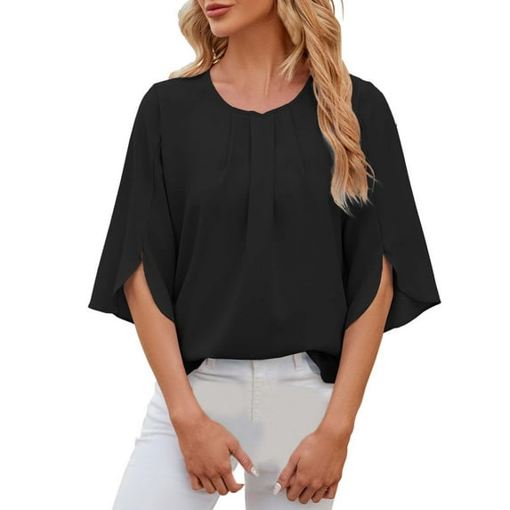 Womens Summer Tops Solid Collarless Five Panel Shoulder Long Sleeve Loose Fitting Casual Black Womens T Shirts L