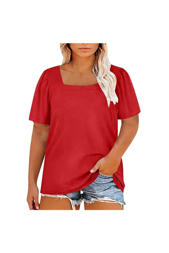 Womens Summer Tops Solid Color Casual Plus Size Square Neck Puff Short Sleeve T Shirts Red
