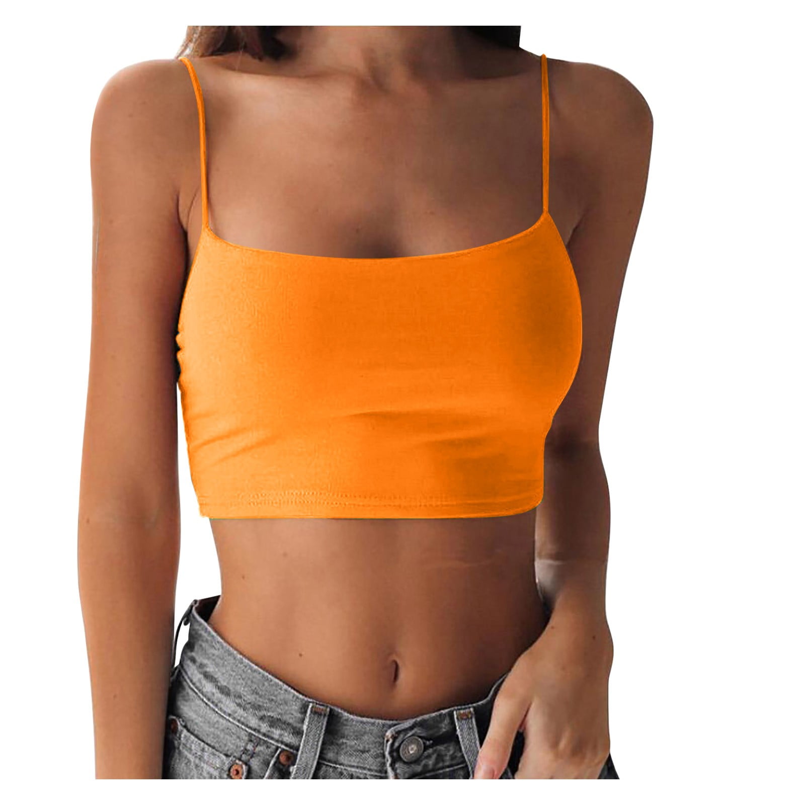 Womens Summer Tops Solid Color Crop Square Neck Spaghetti Strap Blouse 