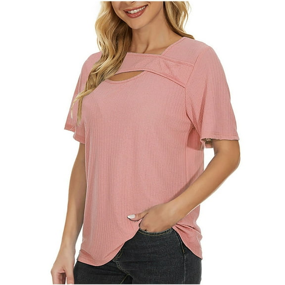 Womens Summer Tops Solid Color Irregular Collar Short Sleeve Tee Tops Casual T-Shirt for Women Vacation Tunic Tops